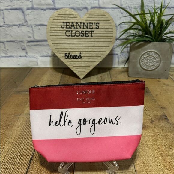 Clinique x Kate Spade Makeup Bag "Hello Gorgeous" Red White Pink New 2023 - Picture 1 of 6